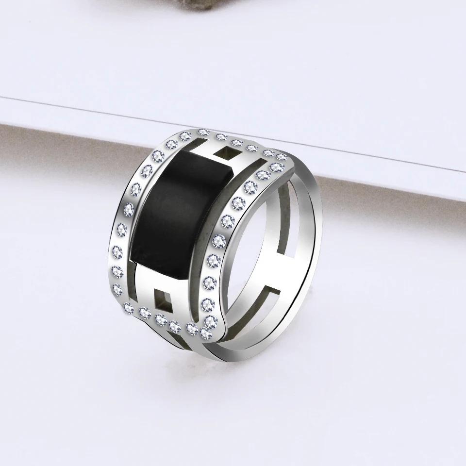 13mm Wide Big Geometry Black Ceramic Finger Ring Stainless Steel Layer Crystal Wedding Women Rings Jewelery Bague Aners