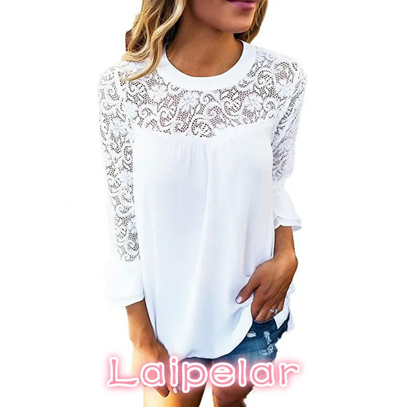 Mulheres blusas de verão branco renda chiffon blusa casual tops babados blusas camisas moda chemise femme camisas blusas femininas