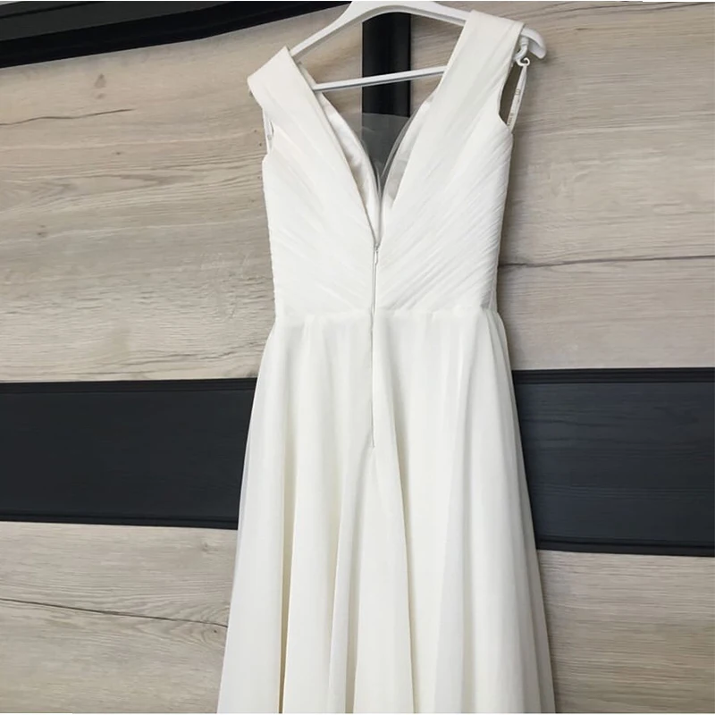 Einfache Chiffon Hochzeit Kleider Voller Länge V-ausschnitt Ärmel Vestido De Noiva Falten Backless Brautkleider Für Sommer Hochzeit