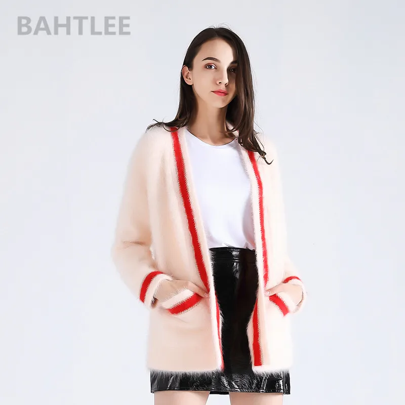 

BAHTLEE-Women's Angora Cardigans, Knitting Sweater, Mink Cashmere, Long Sleeve, Loose V-Neck Pockets, Keep Warm, Winter