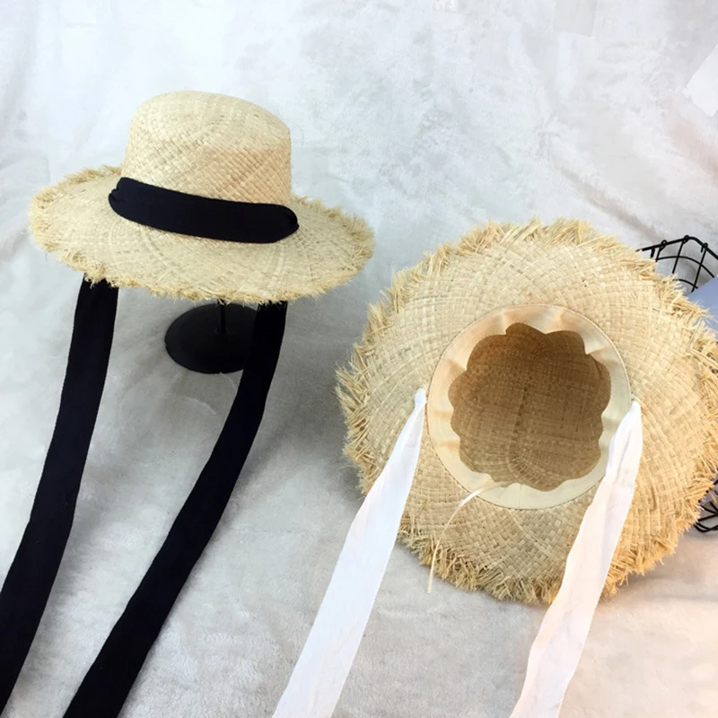 Summer Women Beach Raffia Black White Ribbon Hat Bow Raffia Hat Temperament Flat Cap Straw Hats Women\'s Seaside Hat