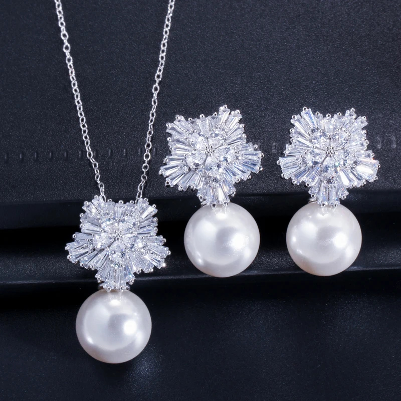 CWWZircons Top Quality Silver Color AAA+ Cubic Zirconia Flower Women Big Pearl Necklace Pendant and Earrings Jewelry Sets T049