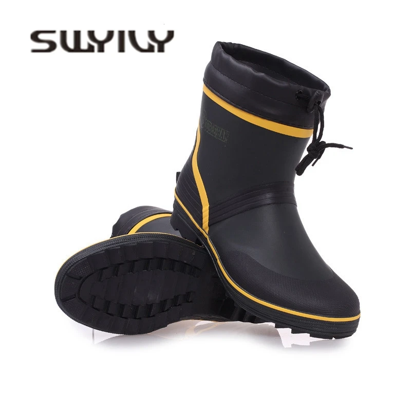 SWYIVY Rainboots Shoes Men Quality Anti-oil Work Boots 2018 Autumn Winter Warm Sock Rain Boots Male Fish Waterproof Rainboots 46