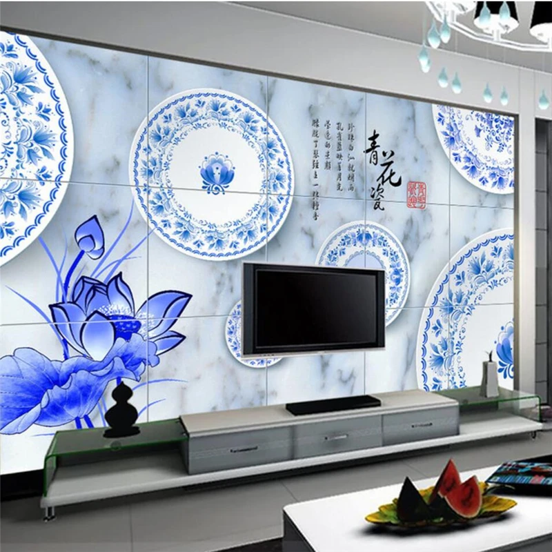 wellyu Custom wallpaper 3d mural blue and white porcelain ancient rhyme lotus fashion classic marble tiles background wall paper