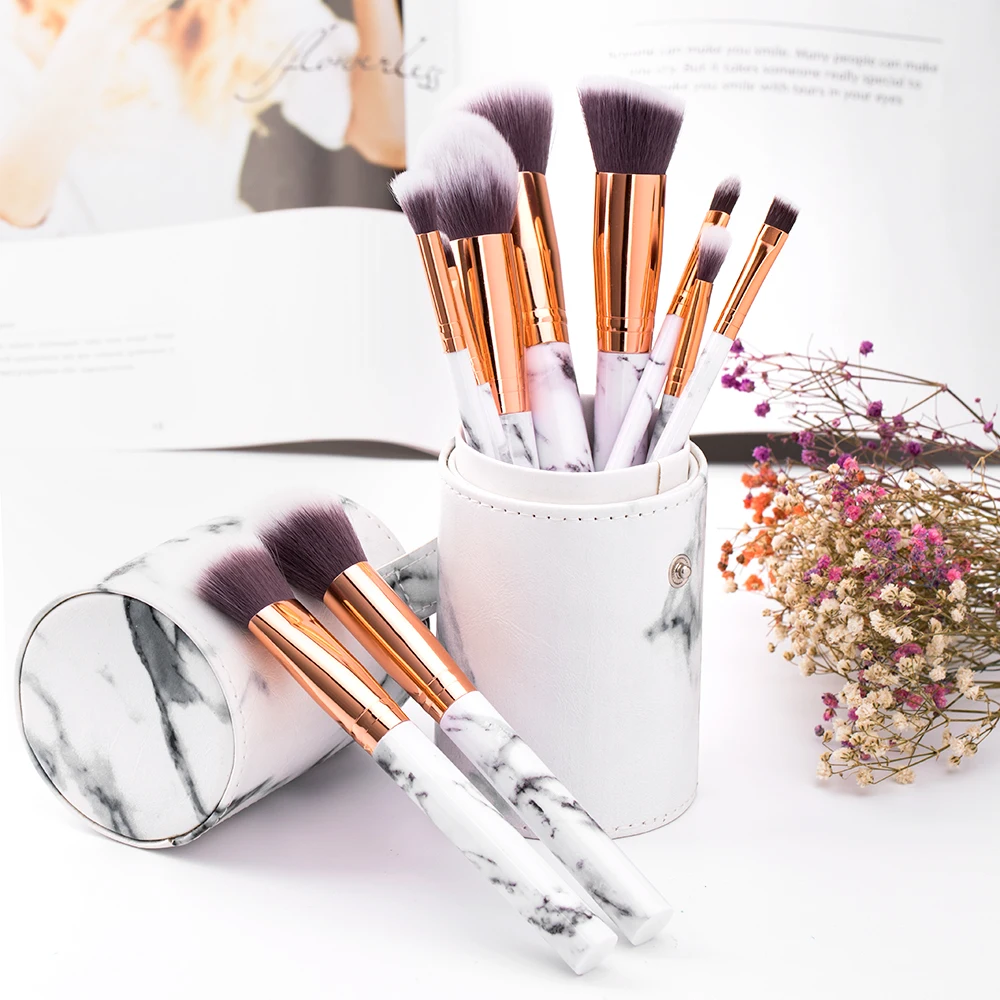 Professional 10pcs Marble Makeup Brushes Set Soft Foundation Powder Eyeshadow Brush Beauty Marble Make Up Tools with Cylinder