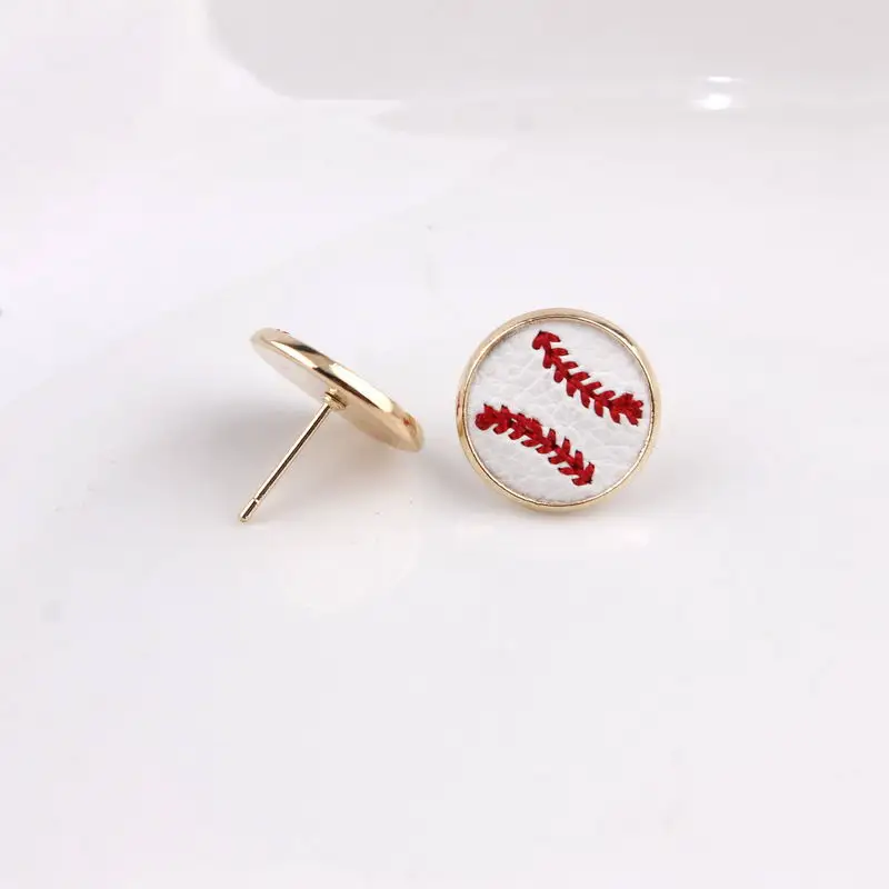 2019 New Arrival Embroidery Baseball Leather Round Stud Earrings For Women Mini Round Leather Sport Ear Stud Jewelry Wholesale