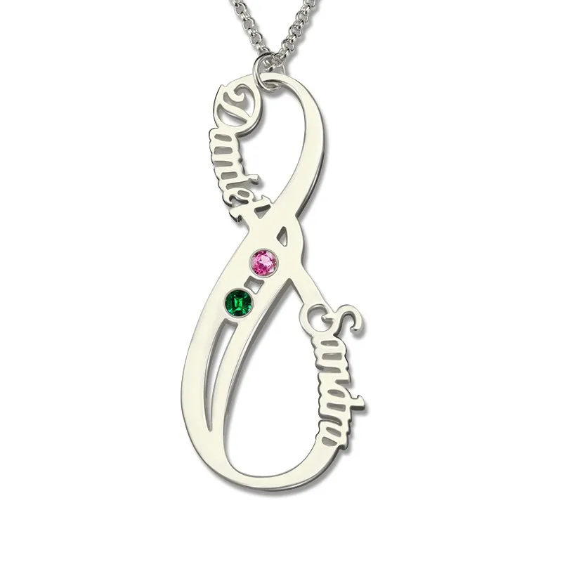 

Vertical Infinity Crystal Decration Fashion Jewelry Solid Silver Two Names Pendent with Birthstone Customized Necklace