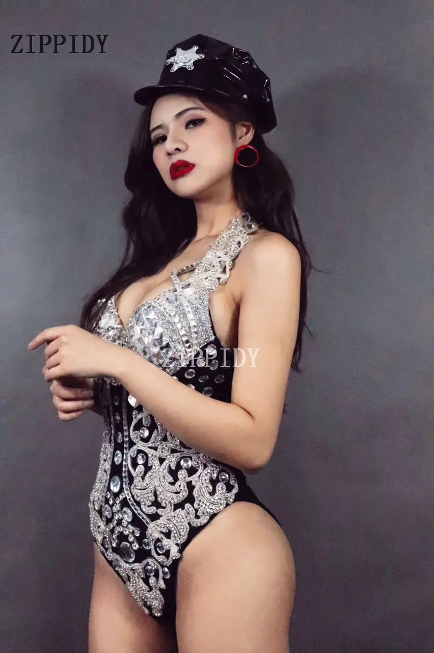 Fashion Perak Gemerlapan Kristal Bodysuit One Piece Rhinestones Hitam Pakaian Kostum Penyanyi Penari Panggung Pertunjukkan Memakai