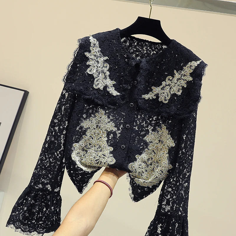 2019 Lace Shirts Blouse Vrouwelijke Lange Mouwen Geborduurde Jacquard Hollow Out Tops vrouwen Shirt Blouses Dames Casual Shirts