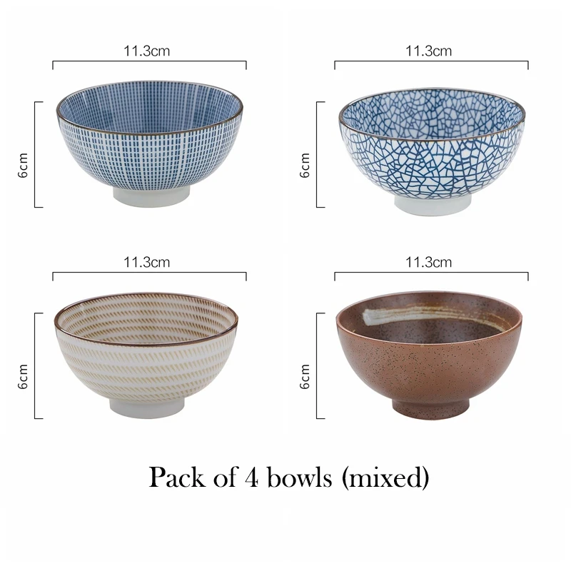 Set of 4pcs Ceramic Bowls Japanese Rice Bowl Blue Stripe Soup Bowl Restaurant Retro Dinnerware 4.5 inch Microwave Safe