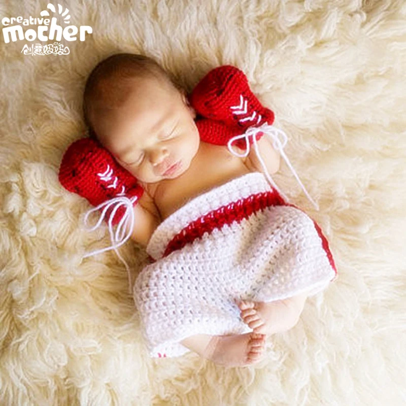 Crochet Newborn Photography Props Infant Handmade Cute Baby Costume Set Kids Clothing Accessories Boxing baby Props for Photo