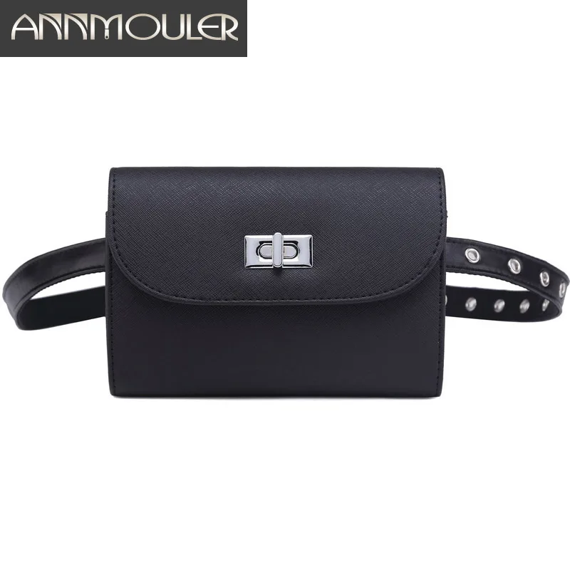 

Annmouler Brand Waist Bags Pu Leather Fanny Pack Black Adjustable Women Waist Packs Fashion Hip Bag for Girls Small Bum Bag