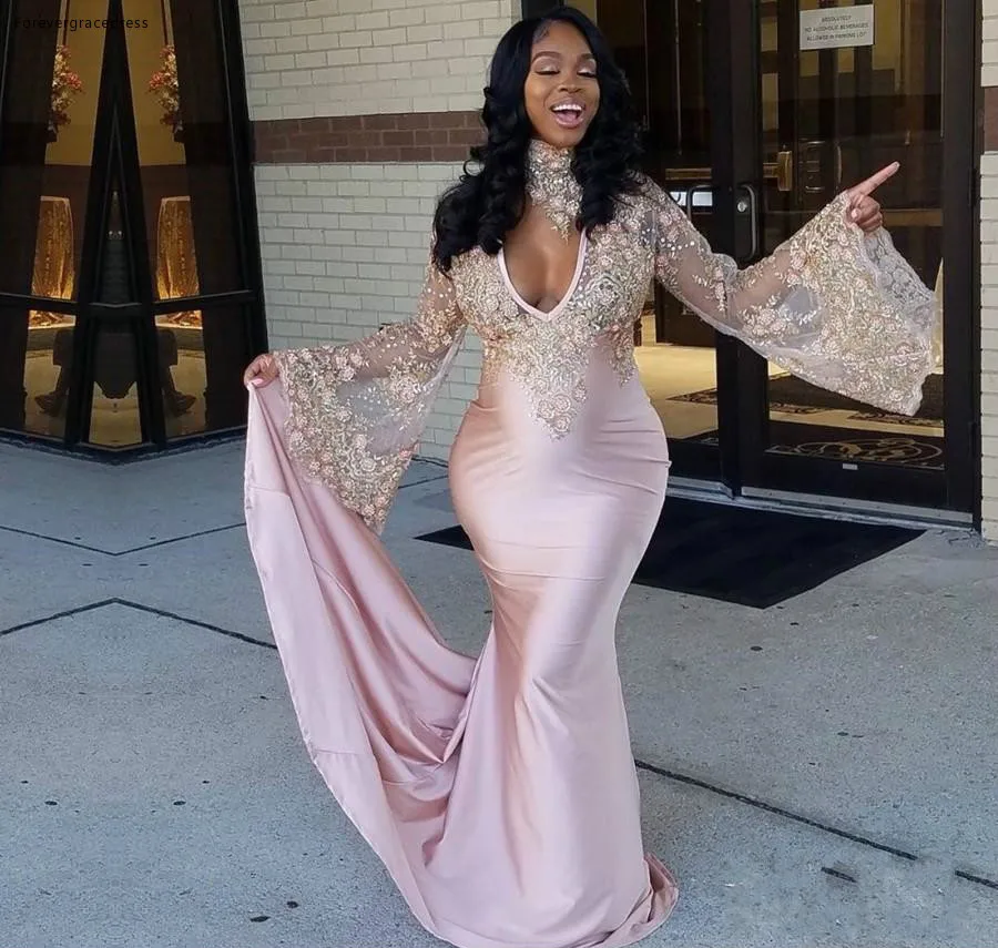 2019 Mermaid Prom Dress Sexy Hoge Hals Applicaties Diepe V-hals Lange Formele Feestdagen Dragen Graduation Avond Party Gown Custom Made