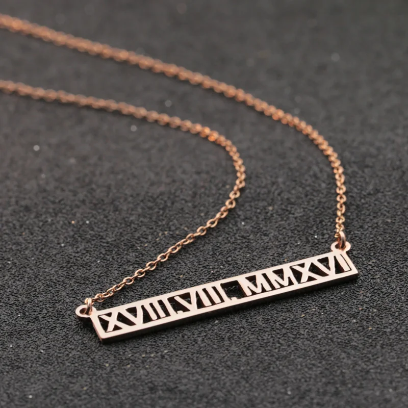 

Roman Number Customized Necklace Horizontal Hollow Jewelry Personalized Charm Rose Golden Unisex Necklace