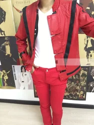 Custom Made MJ Free shipping Michael Jackson Leather Thriller Red Jacket Pants And Free Billie Jean Glove