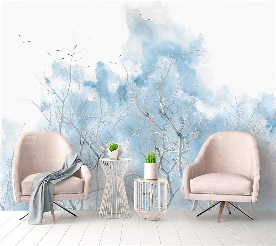 Beibehang Custom wallpaper Pale Blue Nordic Simple Branch Watercolor Bird TV Sofa Background Living Room Bedroom 3d wallpaper