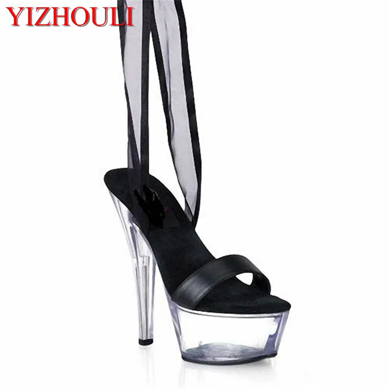 

15cm Thin Sole Shoes Black Strappy Slippers 6 Inch Sexy High Heels Clear Crystal Shoes Women Summer Sandals