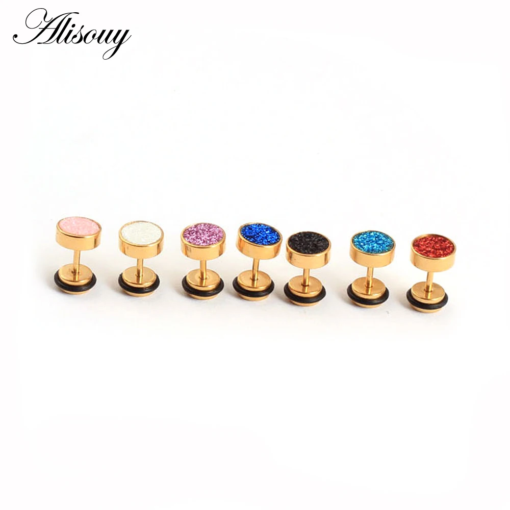 Alisouy 1Pair Black Gold Color Stainless Steel Barbell Round Stud Earrings Punk Women Men frosted Scrub Screw Ear Jewelry