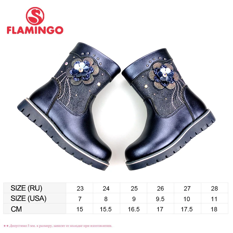 FLAMINGO Autumn Flower Decoration Mid-Calf Blue Bright Leather Anti-slip kids Shoe for Girl Size 23-28 Free Shipping 82C-XY-0990