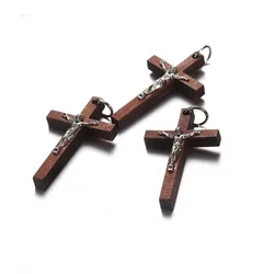 20Pcs/Lot 50x32mm Vintage Christ Catholic Brown Wood Jesus Cross Pendant Charms for Jewelry DIY Making Jesus Accessories