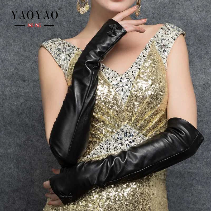 

YY8596 Women Suede Genuine Leather Semi-Finger 40 cm Long Black Gloves Ladies European Style Bowknot Fingerless Opera Mittens