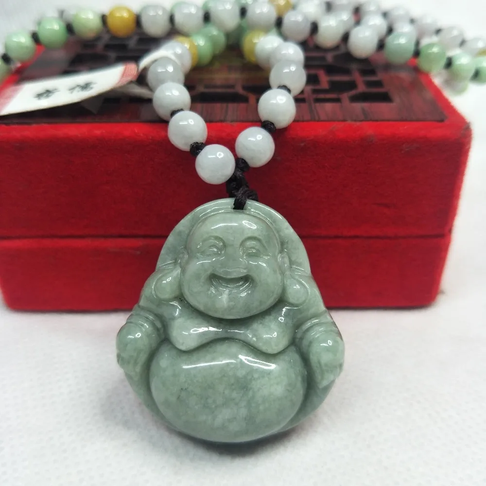 Zheru Jewelry Pure Natural Jadeite Green Big Belly Buddha Pendant Three-color Jade Pearl Necklace Send A-level certificate