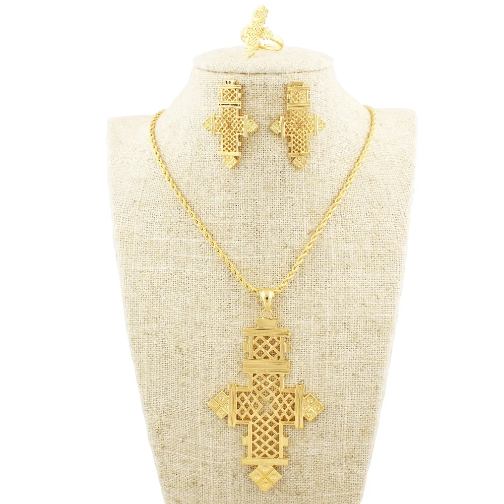 

Newest Ethiopian Jewelry Pendant/ Necklace Chain/Earrings/Ring Set Gold Color Coptic Crosses African Cross Wedding