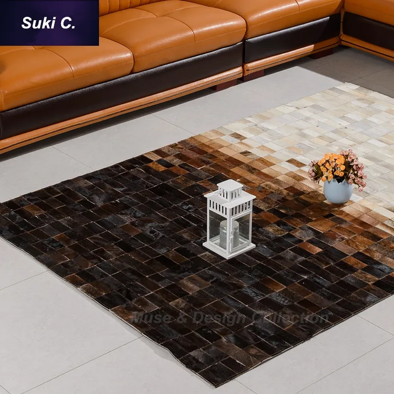 

Genuine Natural Cowhide Rug Seamed Patchwork Carpet , Modern white brown black chequer Home Sofa living rug