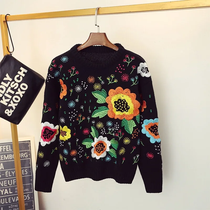 Autumn Winter Luxury Runway Fashion Knitted Sweaters Long Sleeve Floral  Embroidered Casual Pullover tops Female