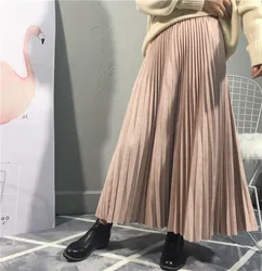 2022 Hot Brand High Quality Women Suede Skirt Autumn High Waist Long Pleated Skirts Womens Saias Faldas Vintage Women Midi Skirt