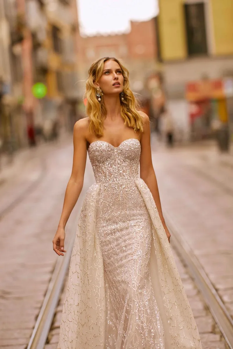 Robe De mariée avec traîne amovible | Sans bretelles, en dentelle, style Boho, robe trapèze, robe De mariée, modèle 2020