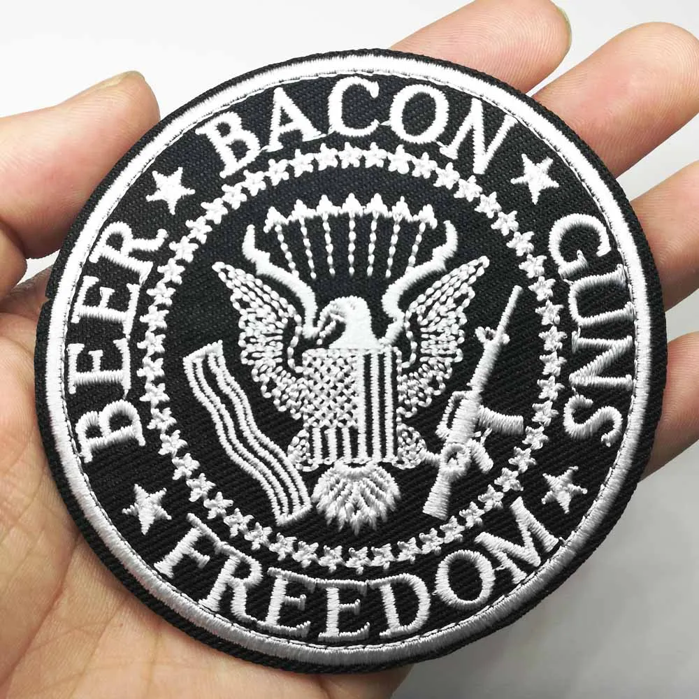 Freedom Beer Bacon Guns Gun Theme Iron On Embroidered Clothes Patches For Clothing Stickers Garment Wholesale