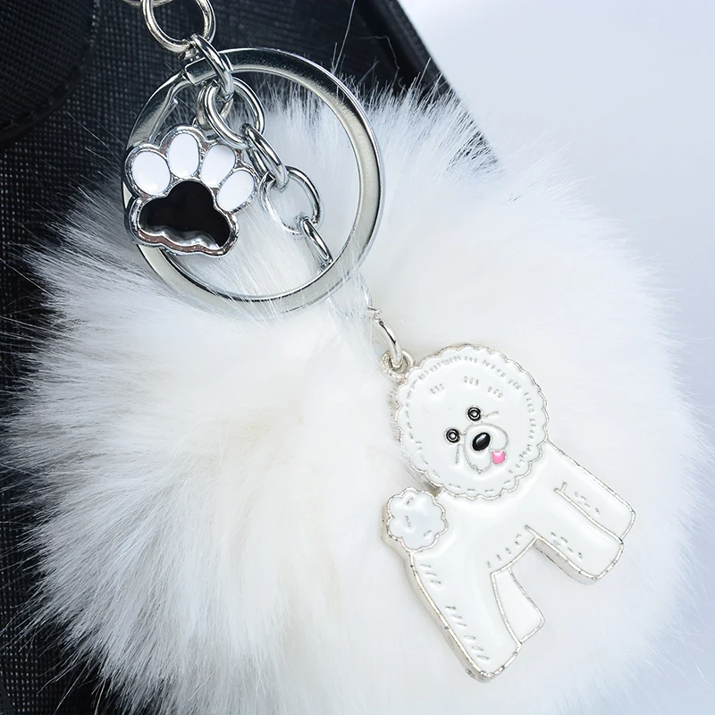 Rabbit Fur Pompom Bichon Frise Key Chains For Women Men Alloy Pom Pom Ball Dog Pendant Bag Charm Keyring Car Keychain Key Ring