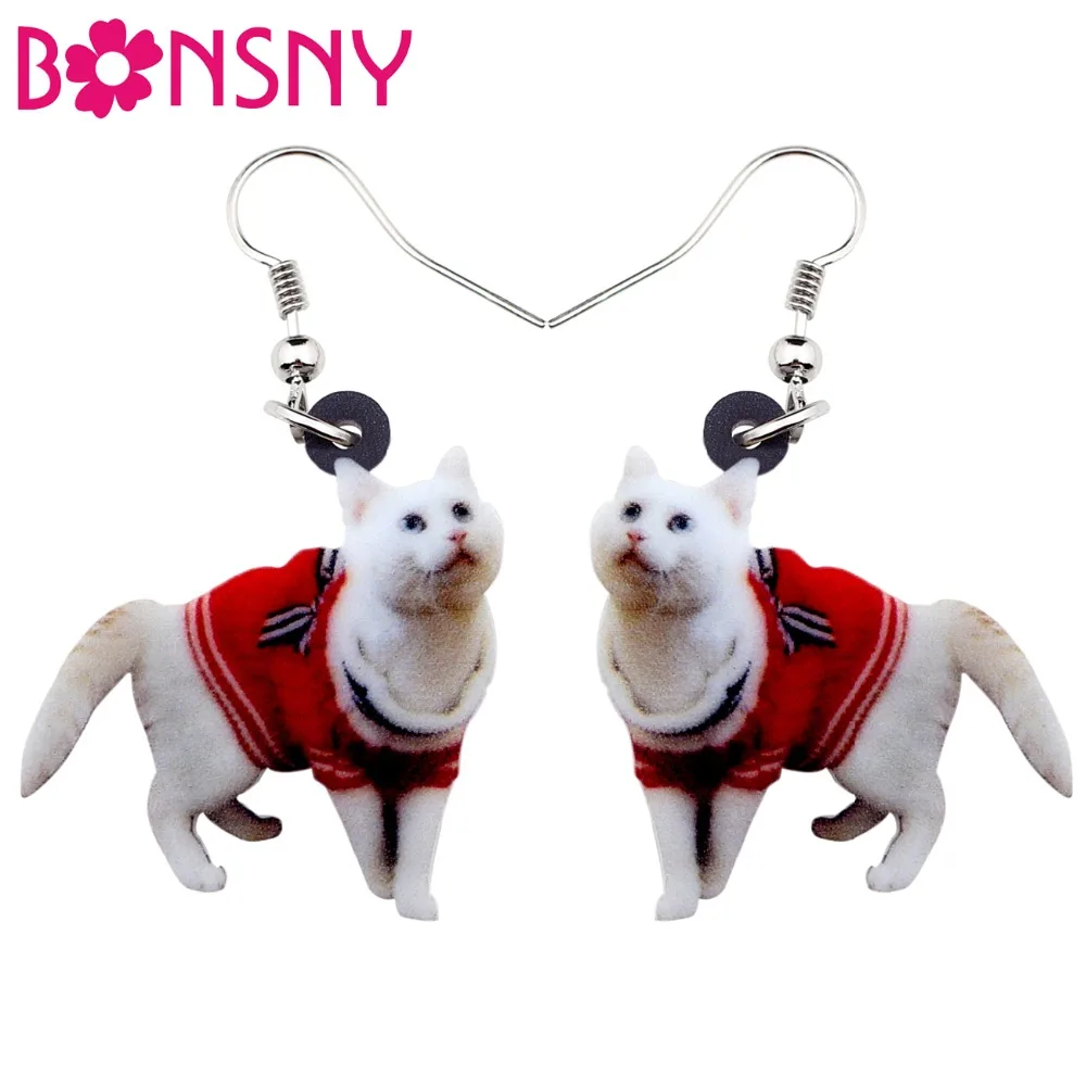 Bonsny Acrylic Walking Sweater Kitten Cat Earrings Big Long Dangle Drop Novelty Animal Jewelry For Women Girls Ladies Teens Gift