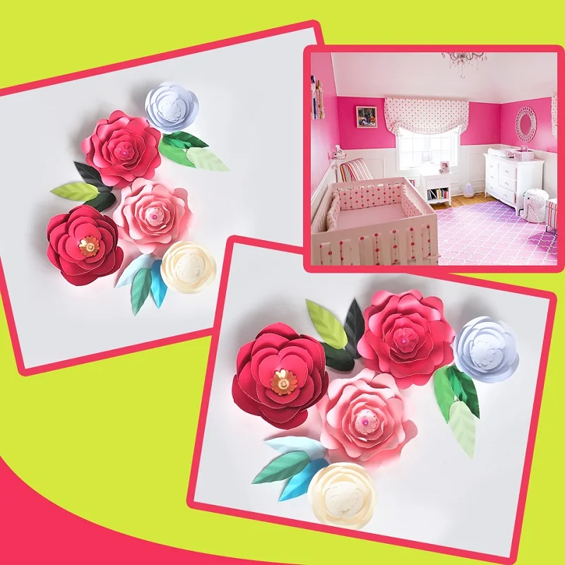 

DIY Giant Paper Flowers Artificial Rose Fleurs Backdrops 5pcs+9 Leave For Wedding Party Decorations Baby Nursery Video Tutorial