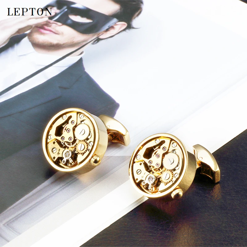 Hot Sale Non-Functional Watch Movement Cufflinks For Mens Lepton Round Gold Color Steampunk Gear Watch Mechanism Cuff links