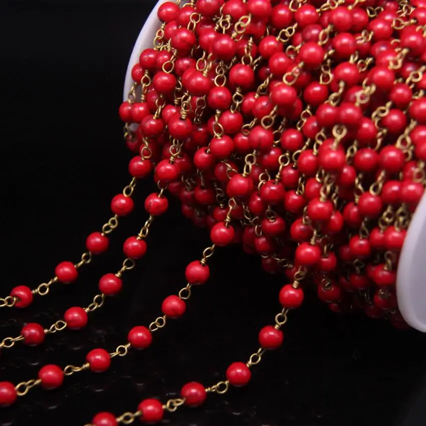 5Meter/lot,Red Turquoises 6mm Round Bead Rosary Chain,Red Howlite Magnesite Link Brass Wire Wrapped Chain DIY Necklace Bracelets