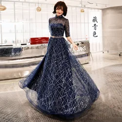 A-line Evening Dress Half Sleeve Shining Blue New Fashion Formal Prom Dresses Elegant Zipper Floor Length women Party Gown E066