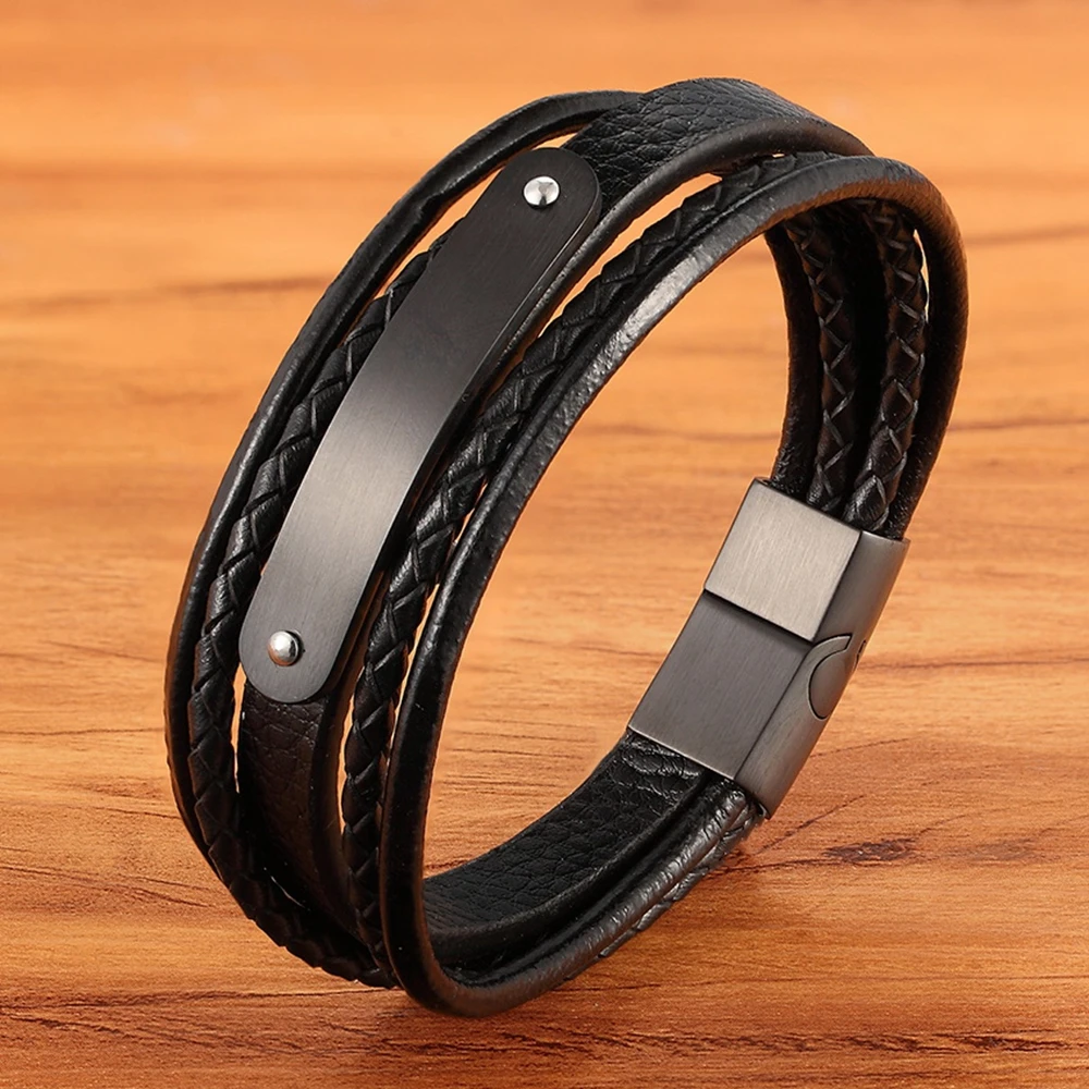 

XQNI Luxury Curved Design Stainless Steel Accessories Magnetic Button Braid Multilayer Leather Bracelet for Men Punk Jewelry