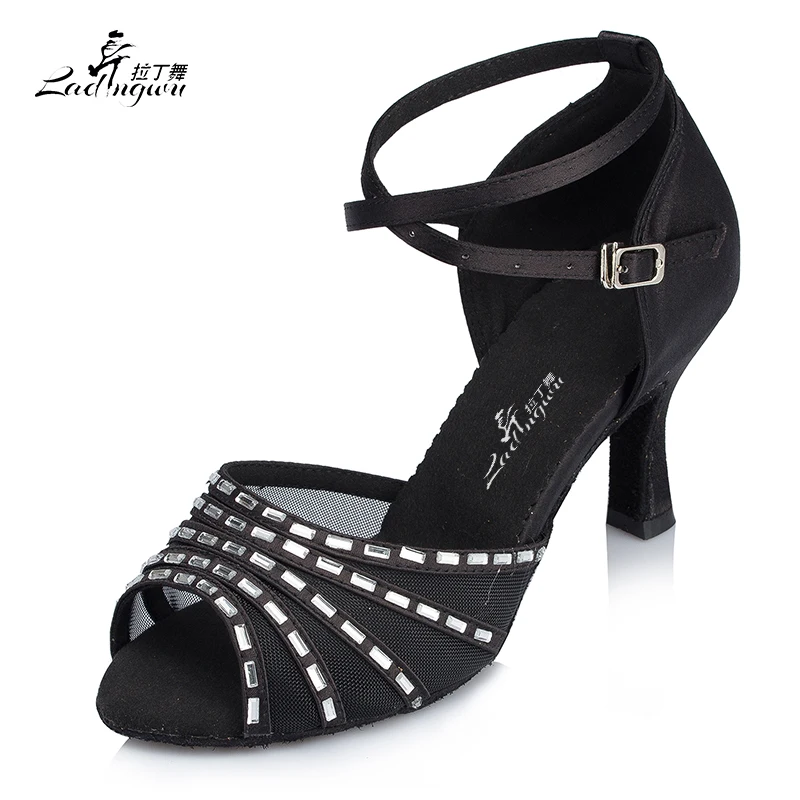 Ladingwu Women's Satin Dance Shoes Rectangle Rhinestone Detailing White/Black for Latin Ballroom Salsa Colors