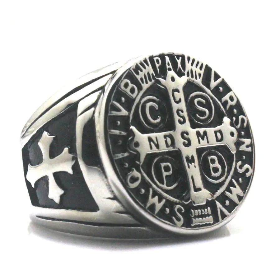 Men CSPB CSSML NDSMD Saint Benedict of Nursia Catholic Church Christianity Jesus Exorcism Cross Ring 316L Stainless Steel