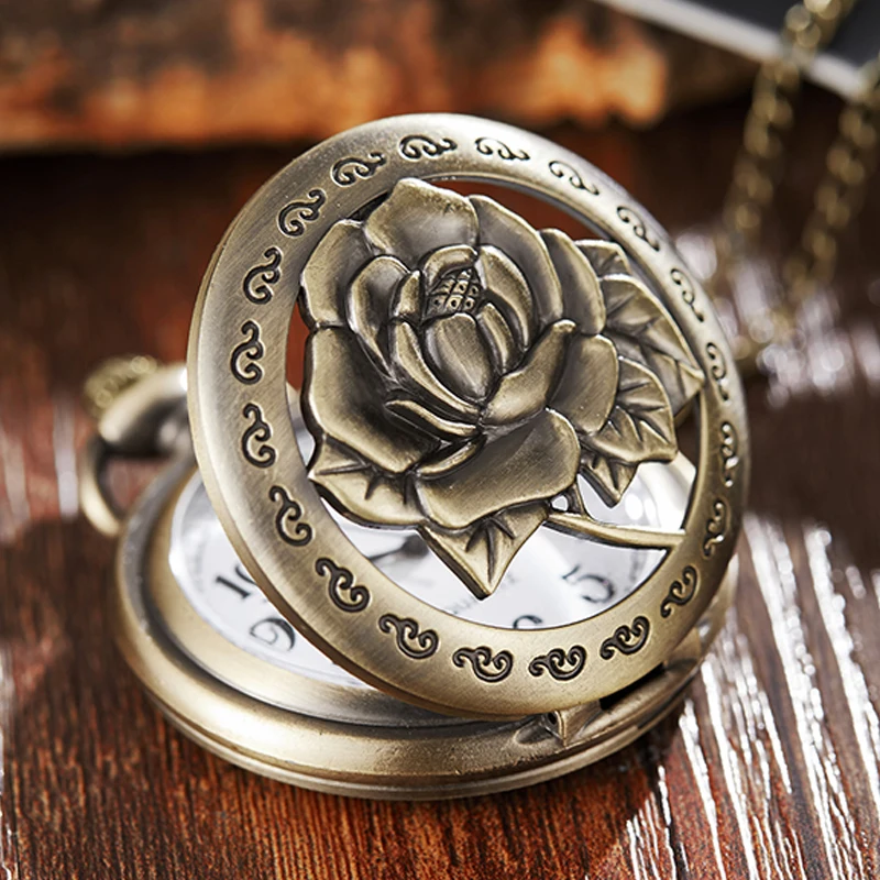 Ancient Pocket Watch Fob Chain Flower Rose Engrave Clock Mens Flip Bronze Case Watch Vintage Male Watches for Men Women Gifts