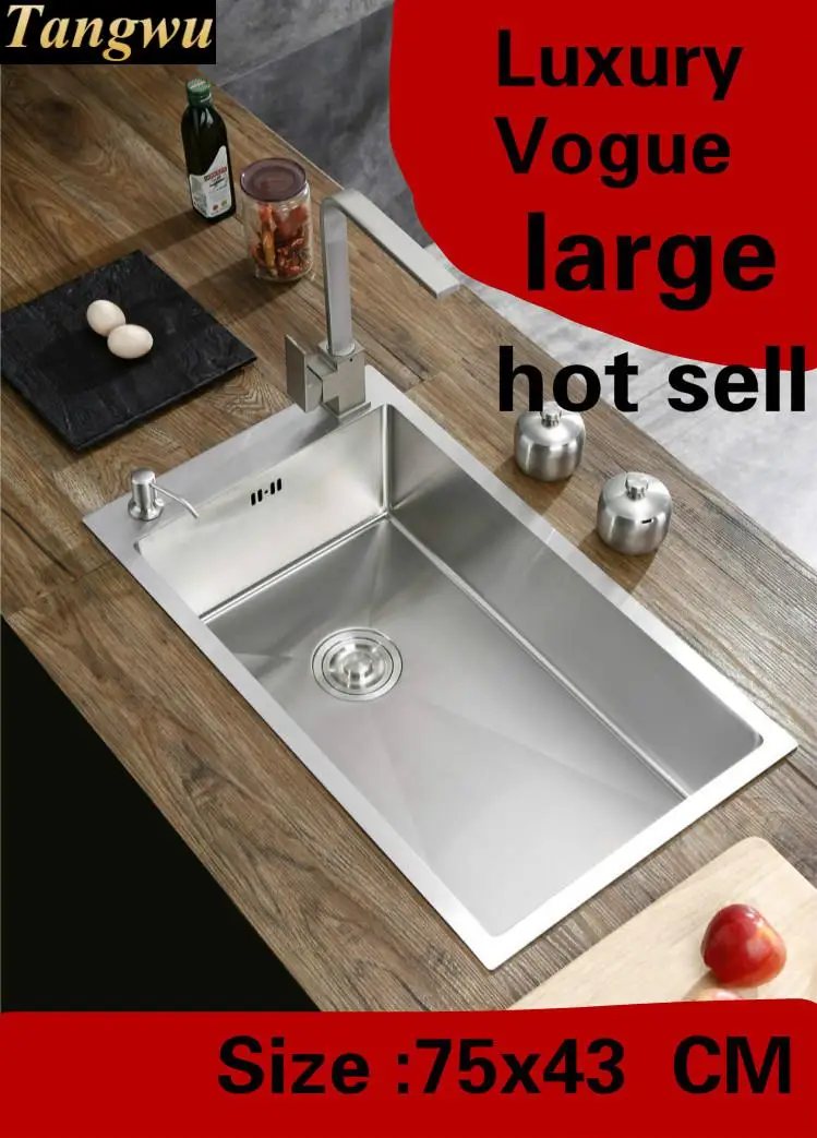 

Free shipping Home large luxury kitchen manual sink single trough vogue wash vegetables 304 stainless steel hot sell 750x430 MM