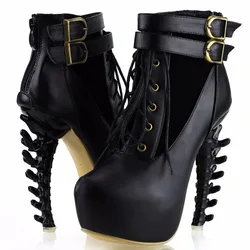 LF40601 Punk Lace Up Buckle High-top Bone High Heel Platform Ankle Boots