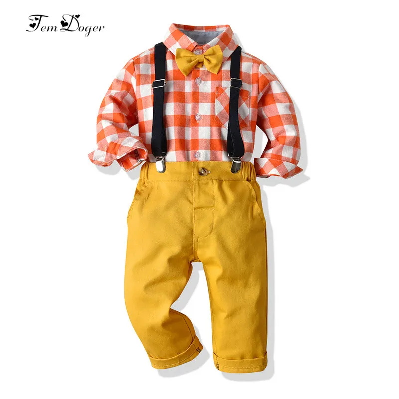 Tem Doger Boy Clothing Sets Autumn Kids Boys Clothes Long Sleeve Plaid Shirts+Overalls 2PCS Tracksuit Children Toddler Clothing