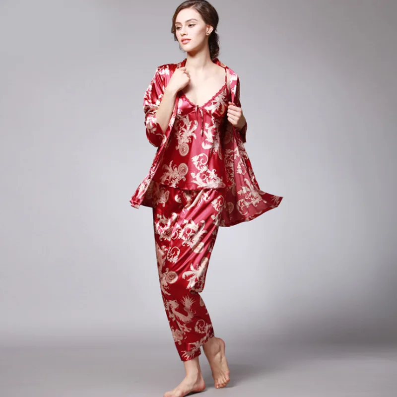 

SSH008 Women Satin Silk Pajama Set Female 3pcs Full Sleeves Sleepwear Loungewear Women Nightgown Spring Autumn Nightwear Pajamas