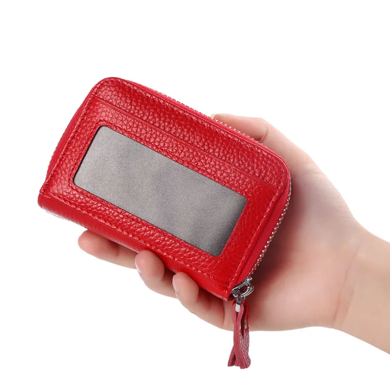 Tarjetero de piel auténtica de marca a la moda para mujer, doble cremallera, gran capacidad, funda para tarjetas de crédito y identificación, cartera