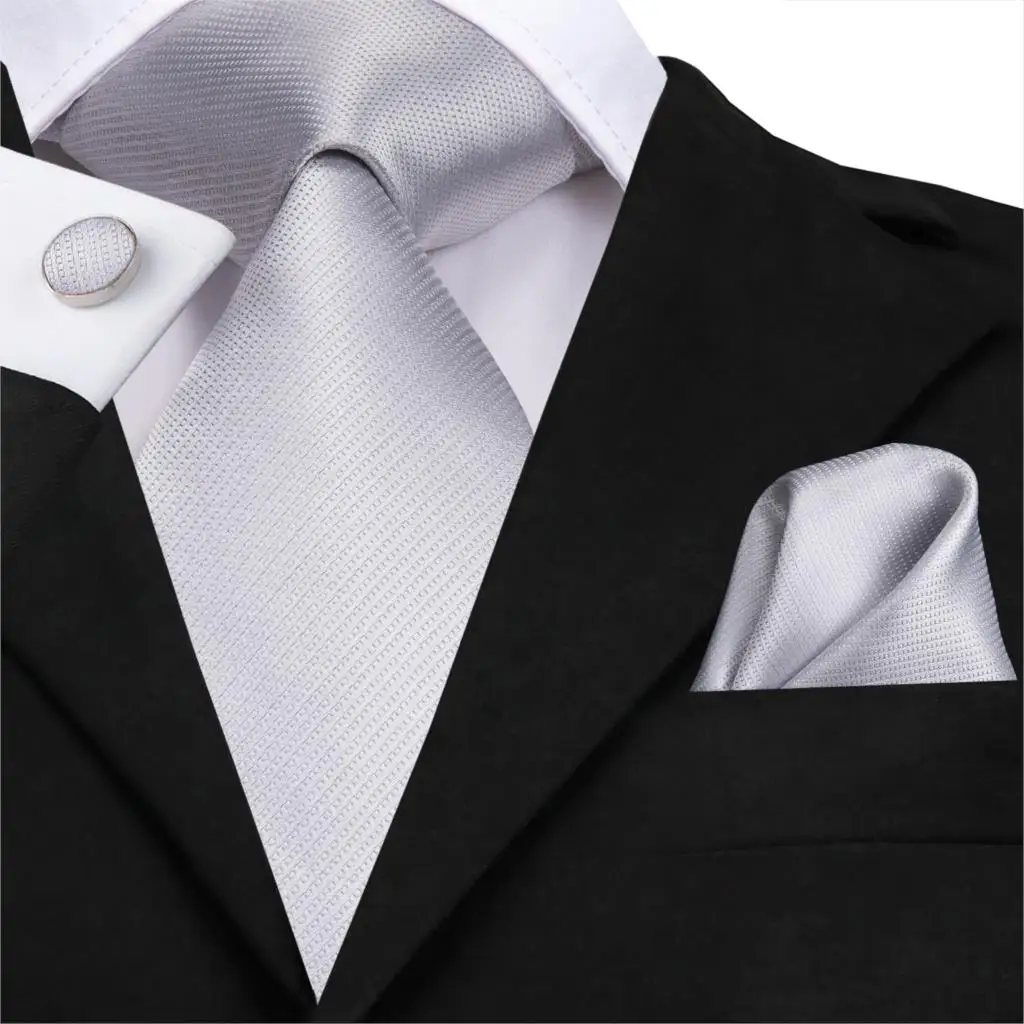 

SN-3137 Hi-Tie Men Tie Silk Necktie White Ties for Men High Quality Woven Men's Hanky Cufflinks Set Solid Ties for Wedding Party