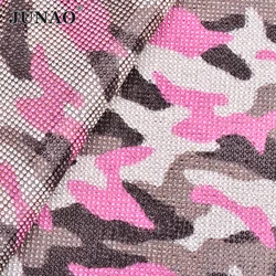 JUNAO 24*40cm Pink Camouflage Self Adhesive Glass Rhinestone Fabric Trim Crystal Sheet Diamond Mesh Beads Appliques Banding