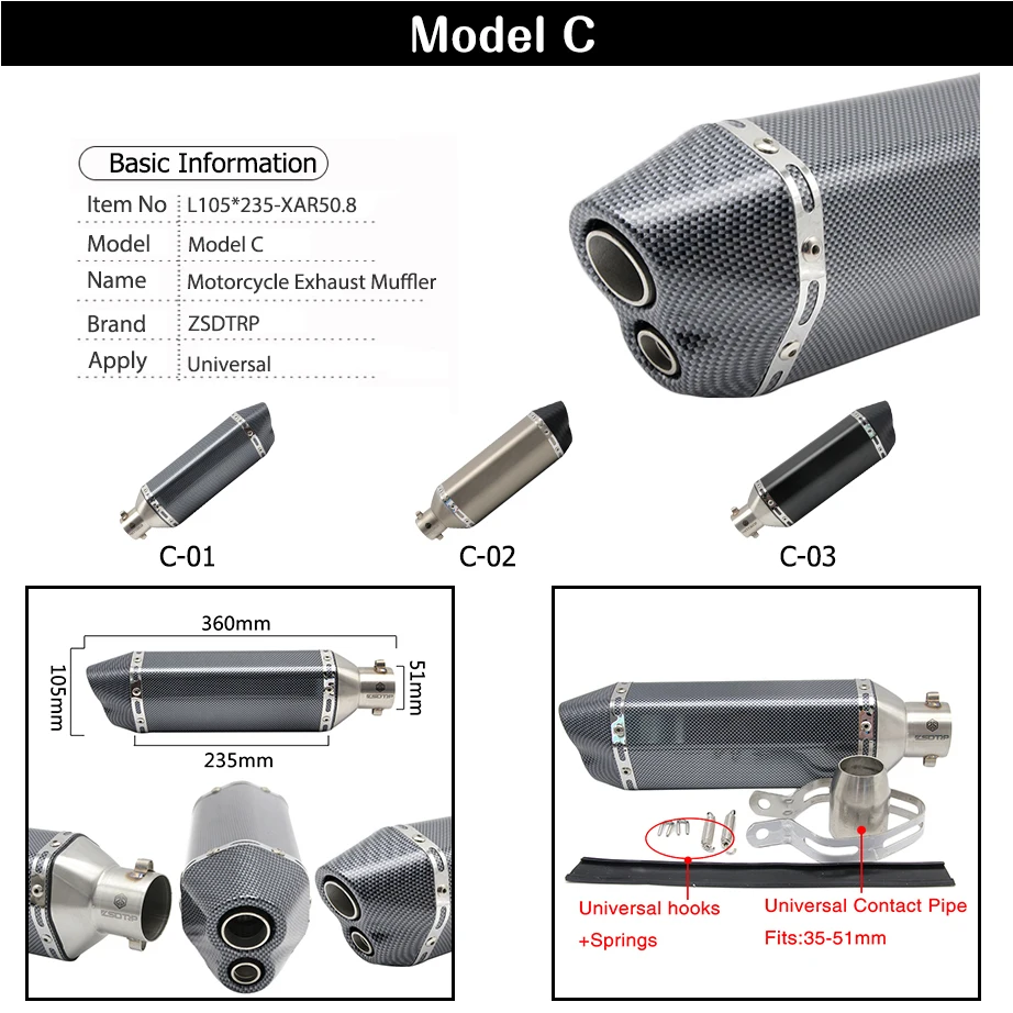 Alconstar- 51mm Inlet Motorcycle Motorbike Escape Moto AkYoshimura Exhaust Muffler NMAX EXC ER6N R6 R15 TMAX500 Racing